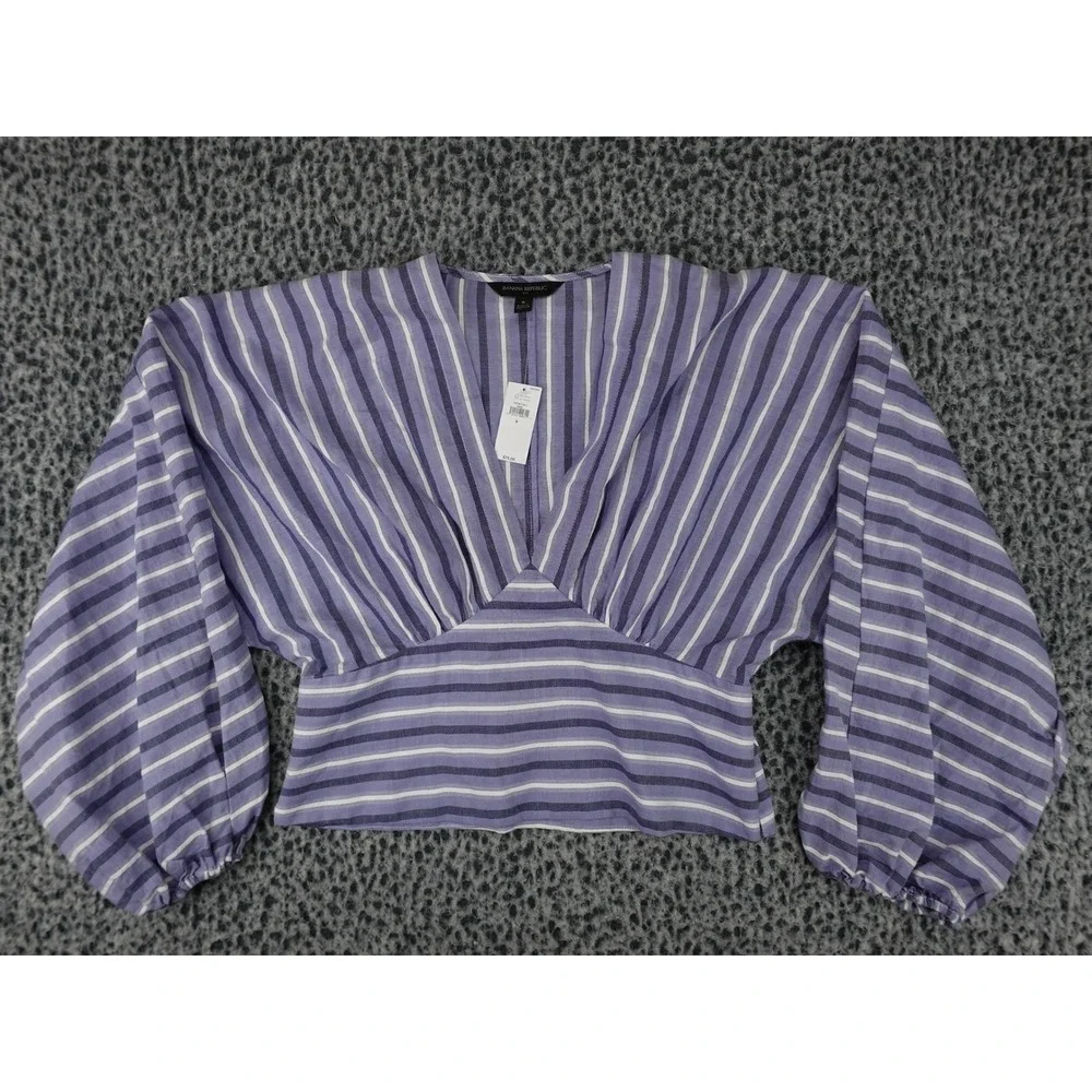 Banana Republic V-Neck Blouse Womens 6 Purple Striped Puff Sleeve 737347-00-1